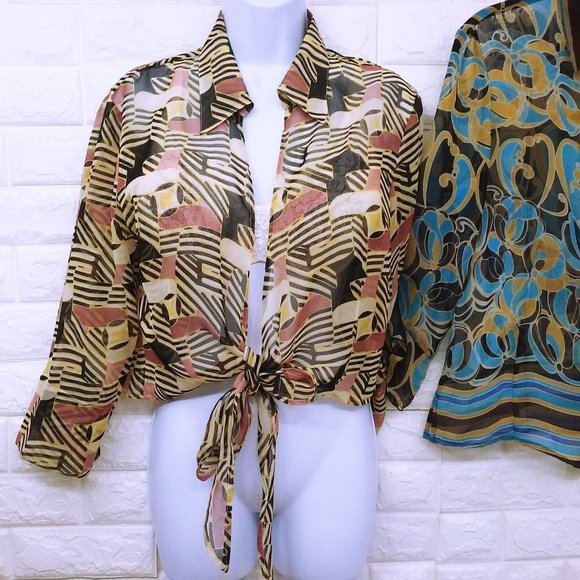 Lot of 2 Tops Sheer Blouses Geometric Patterned -M(10) Open-Front Button-up - Picture 3 of 13
